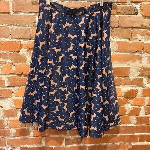 ModCloth Circle Whirl Skirt A-Line Dog Print Navy Brown Retro Dachshund Heart-L